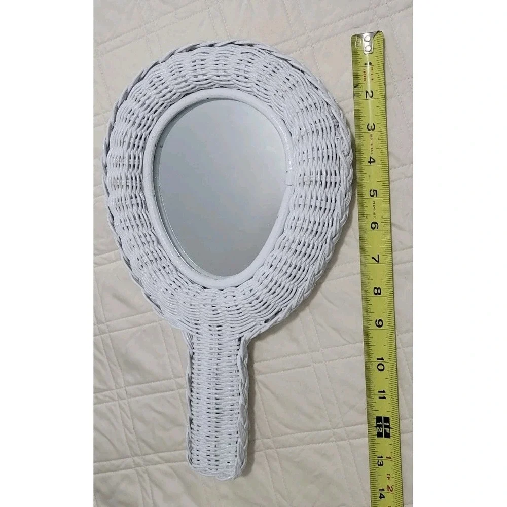 Wicker Rattan Hand Held Mirror Two Sided Vintage White 1970's Woven Braided